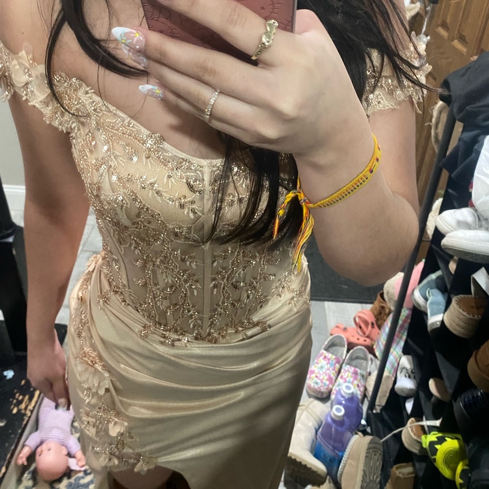 gold corset off shoulder satin prom dress